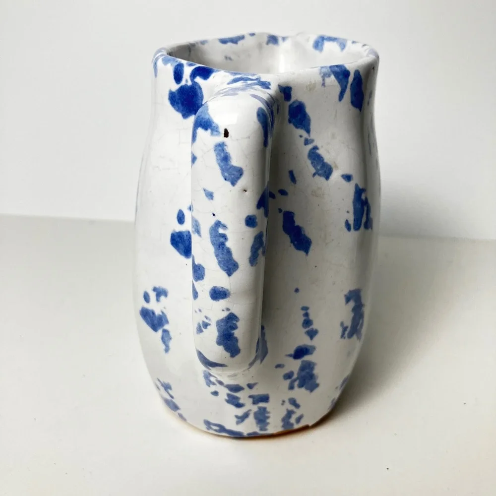 Bybee Pottery Pitcher Creamer 6in White Blue Spongeware Vintage Kentucky BB